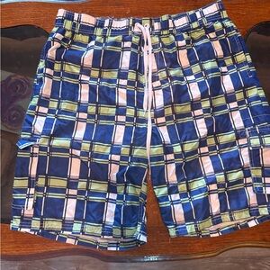 Blue and Green Plaid Swim Trunks